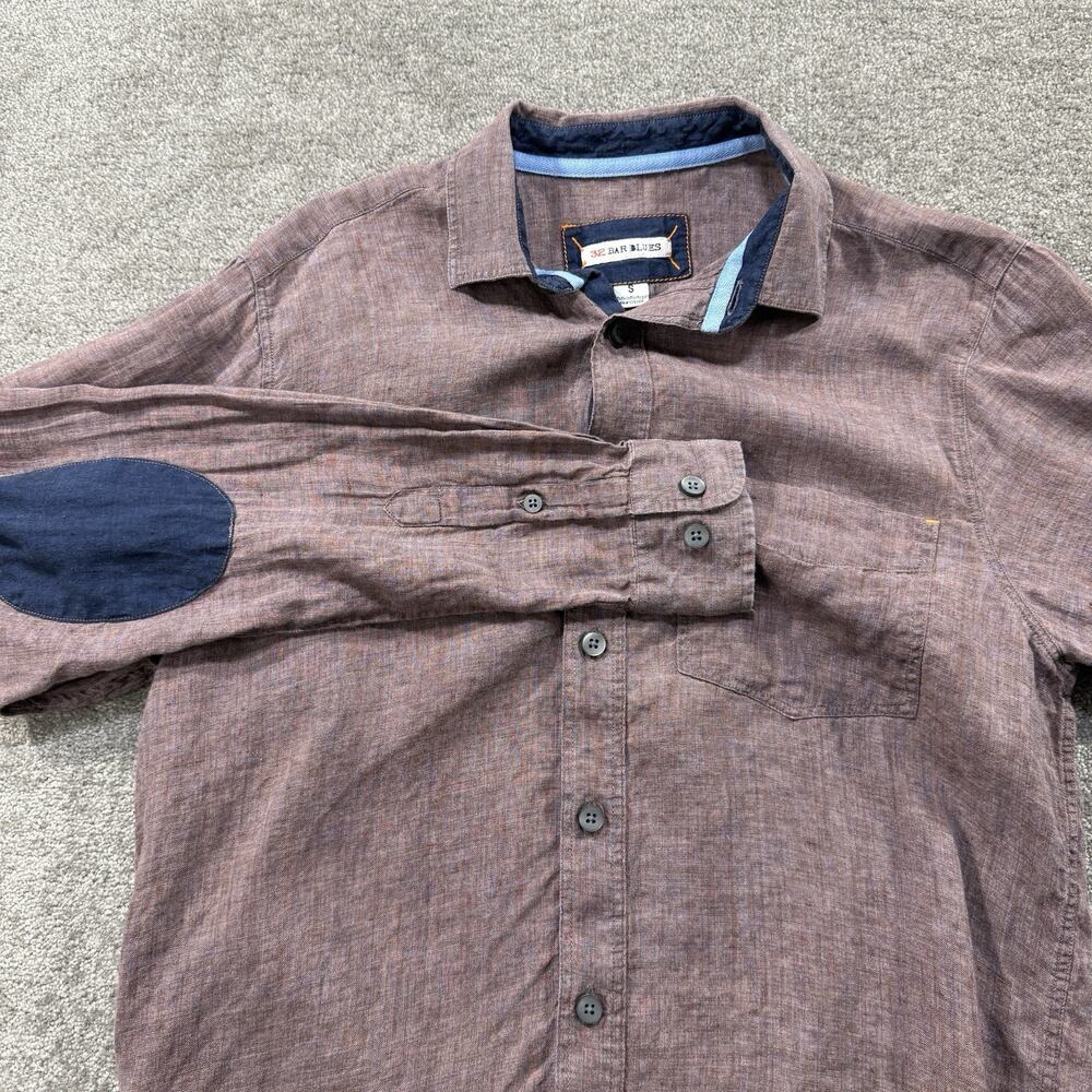 32 Bar‎ Blues Linen Button Shirt S Wine/Burgundy Long Sleeve Elbow Patch Casual